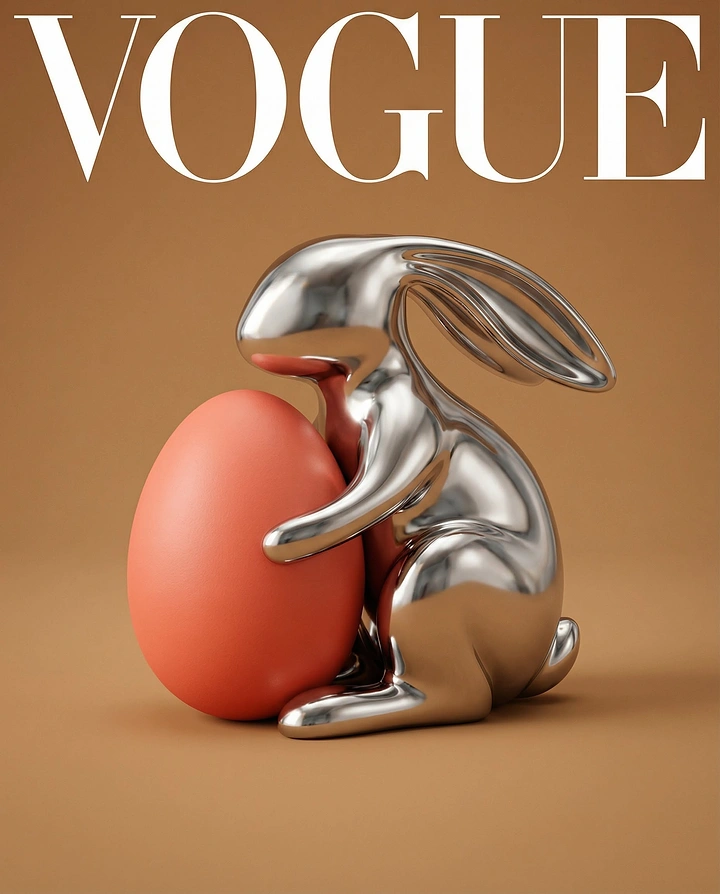 Easter creative ad: Chrome rabbit sculpture hugging a coral egg