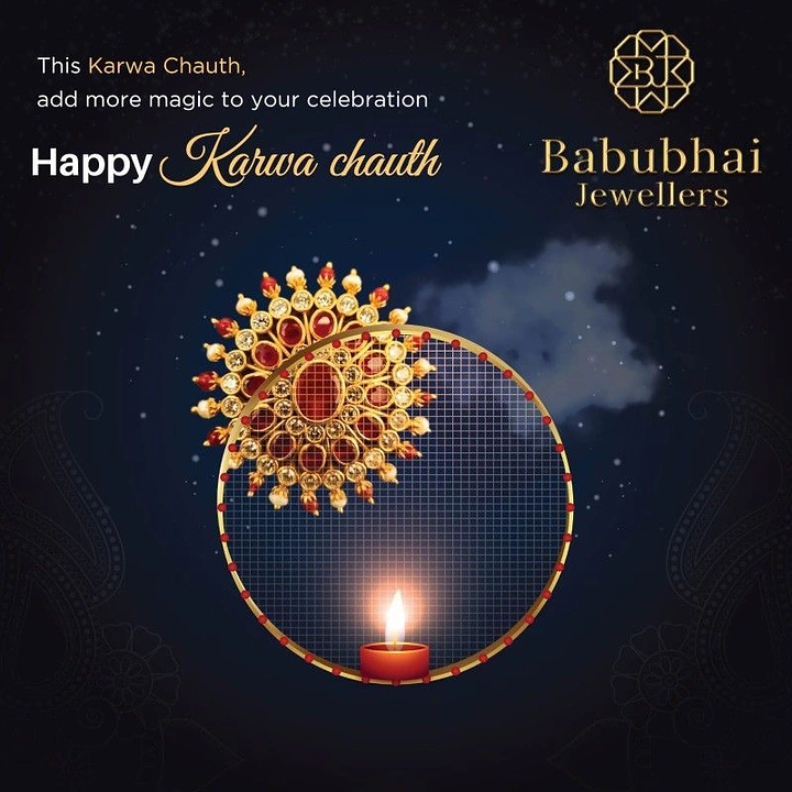 Karwa Chauth creative ad: Kundan ruby brooch on a Karwa Chauth sieve with a lit diya