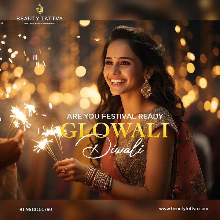 Diwali creative ad: Smiling woman in ethnic wear holding sparklers against golden bokeh