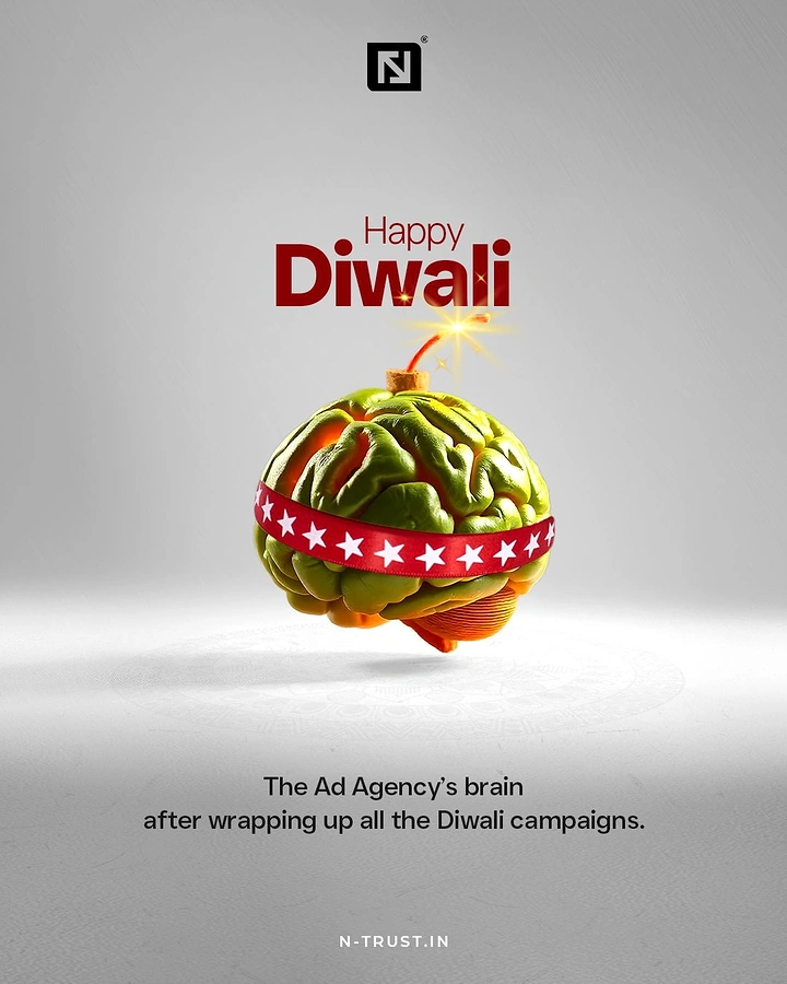 Diwali creative ad: Green brain shaped like a cracker bomb with a lit fuse