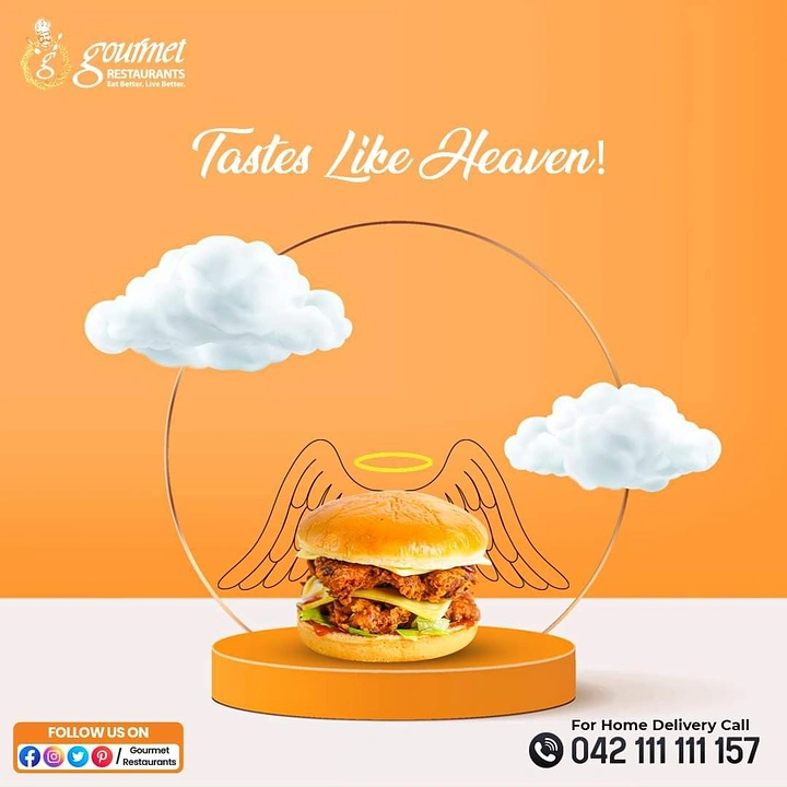 Cloud Kitchens & Food Trucks creative ad: Angel-winged burger, 'Tastes Like Heaven' pun