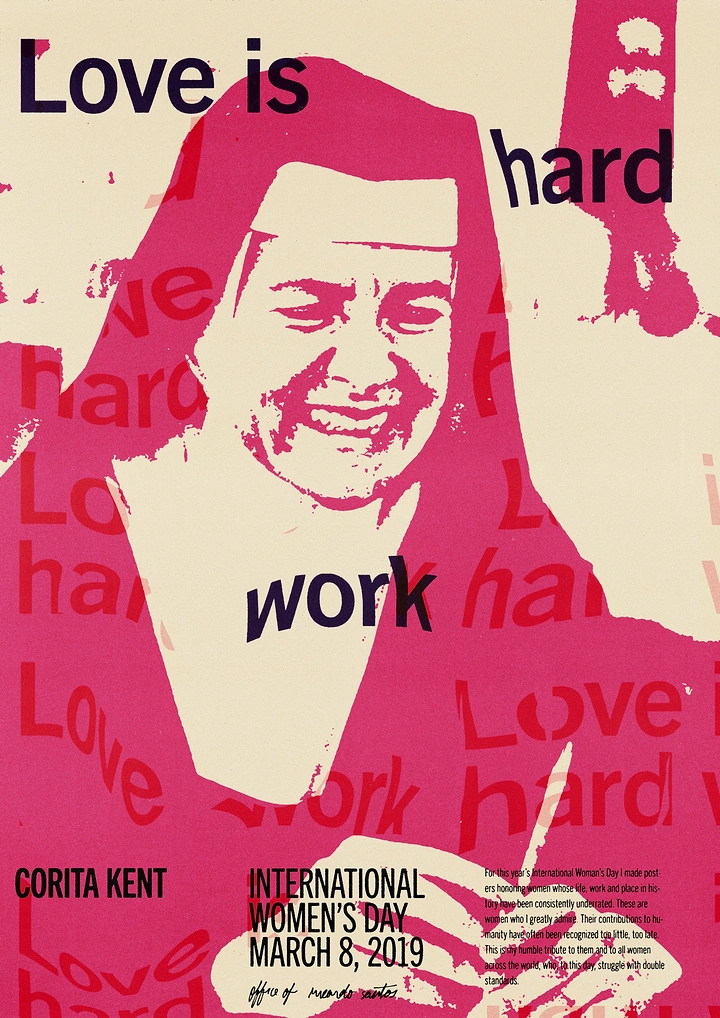 Women's Day creative ad: Screenprinted portrait of a smiling nun artist