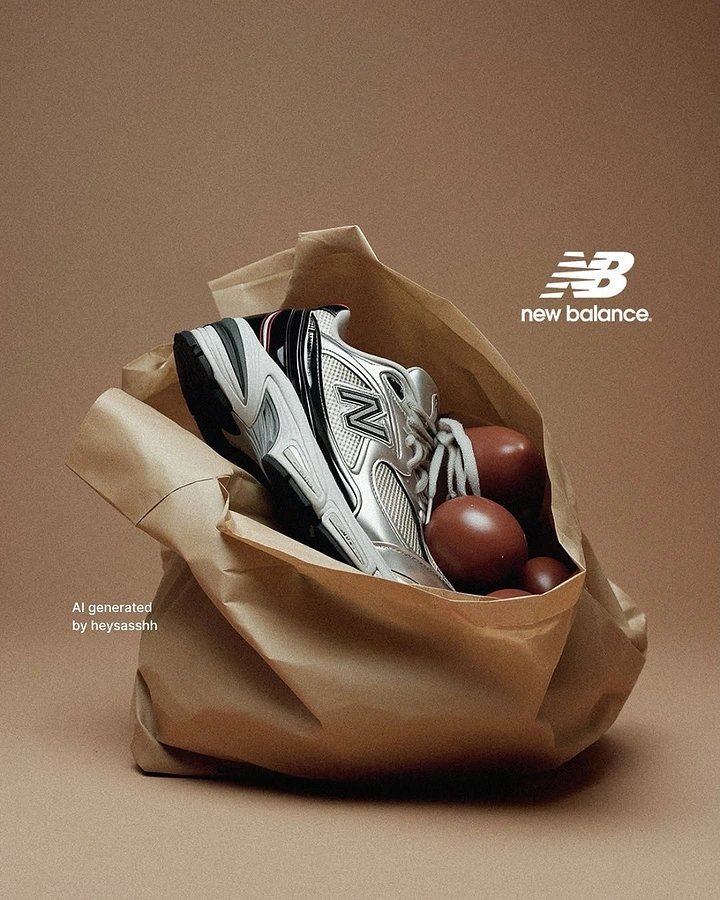 Easter creative ad: Silver running sneaker in a crumpled kraft paper bag with chocolate eggs