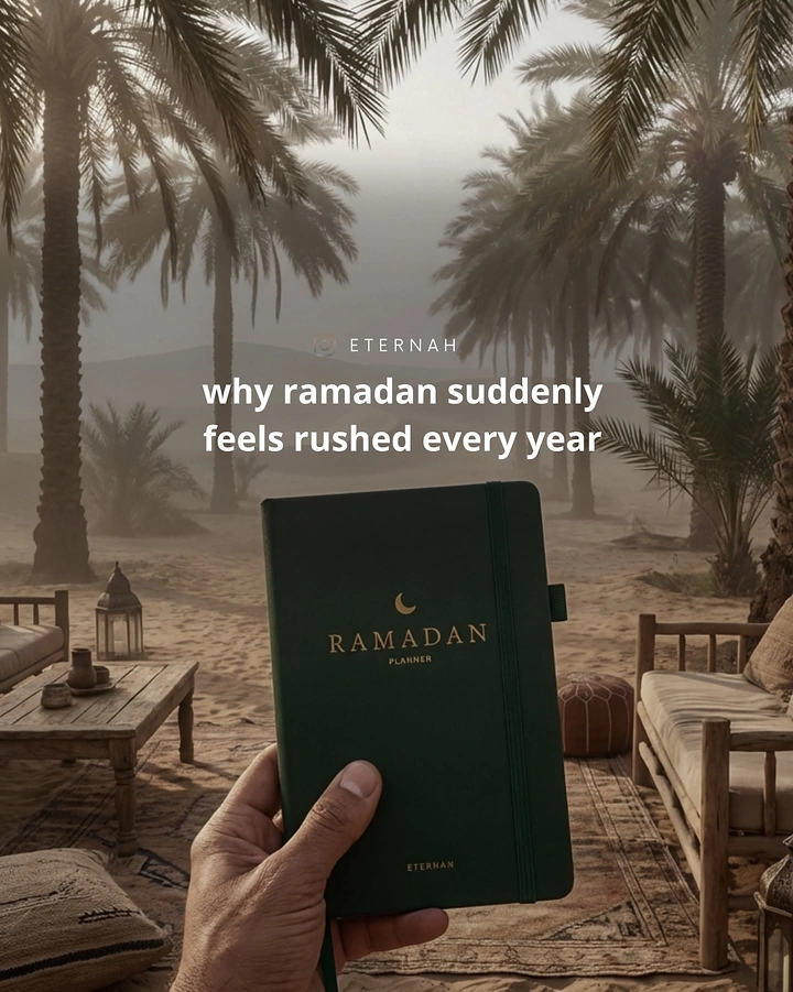 Ramadan creative ad: Hand holding a green Ramadan planner in a misty desert oasis