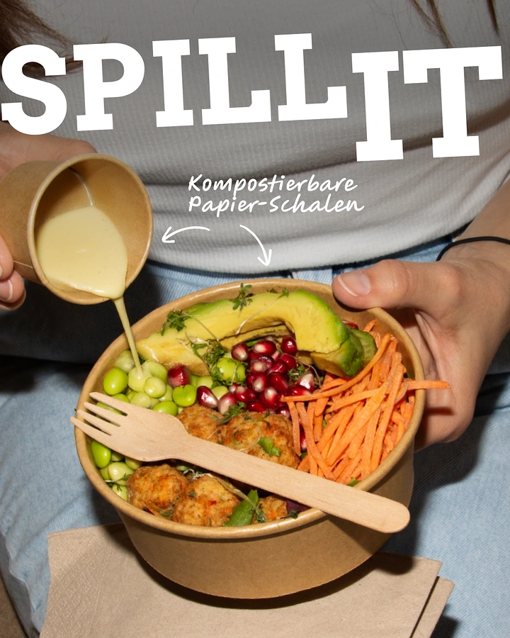 Salad Bars & Healthy Restaurants creative ad: Spill-it pun connects copy, sauce, and bowl