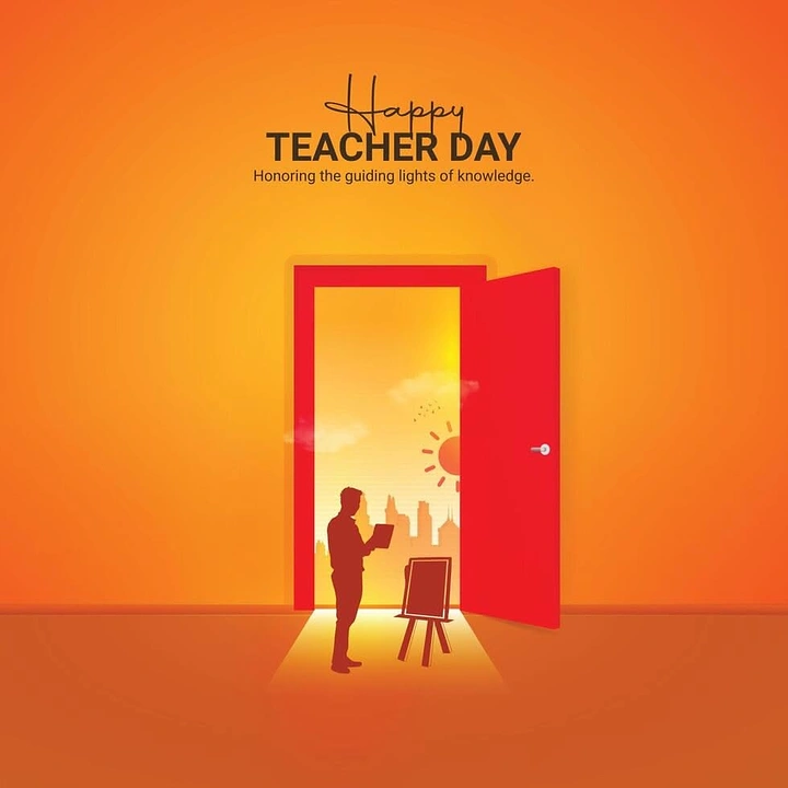 Teachers Day creative ad: Teacher silhouette standing in a glowing open red doorway
