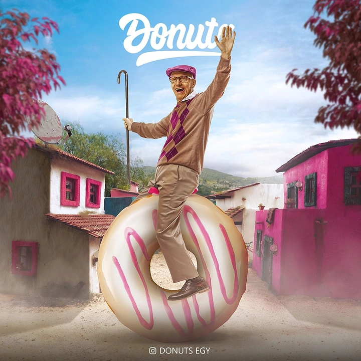 Donut Shops creative ad: Character rides giant donut through surreal scene