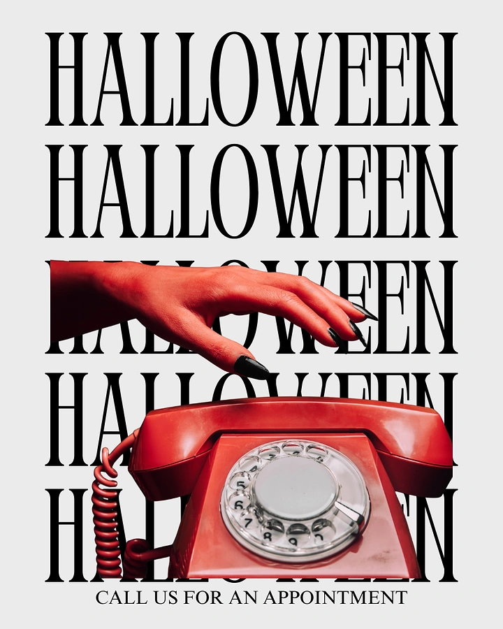 Halloween creative ad: Red hand with black nails reaching for a red rotary phone