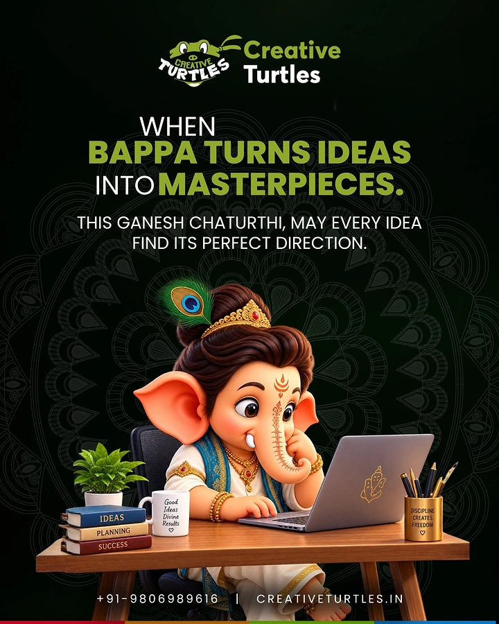 Ganesh Chaturthi creative ad: 3D cartoon baby Ganesha working on a laptop at a desk