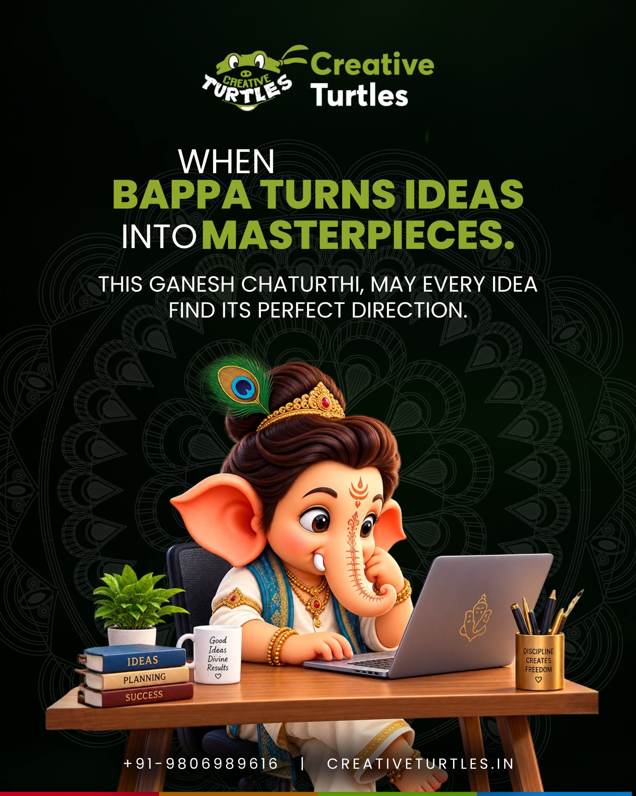 3D cartoon baby Ganesha working on a laptop at a desk