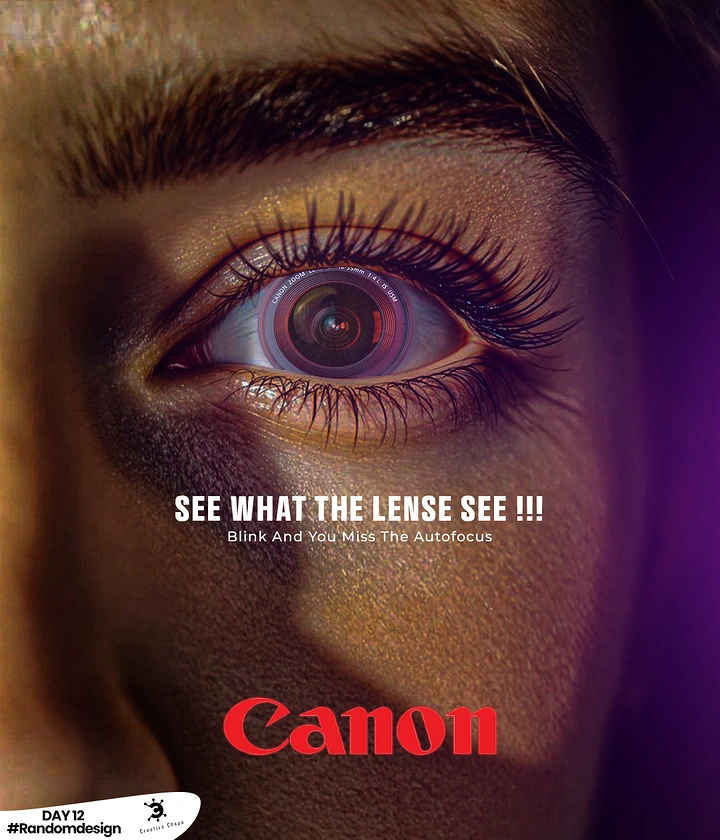 Photography creative ad: Eye iris becomes camera lens; copy typo