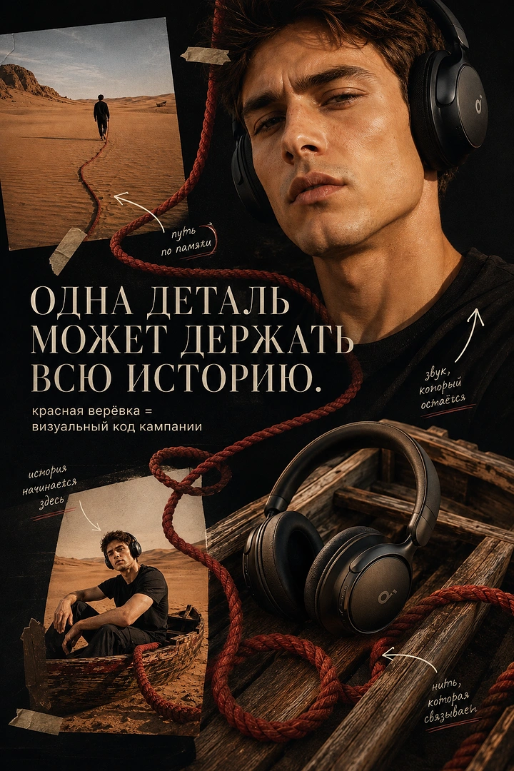 Headphones & Speakers creative ad: Cinematic story metaphor with headphones and ropes