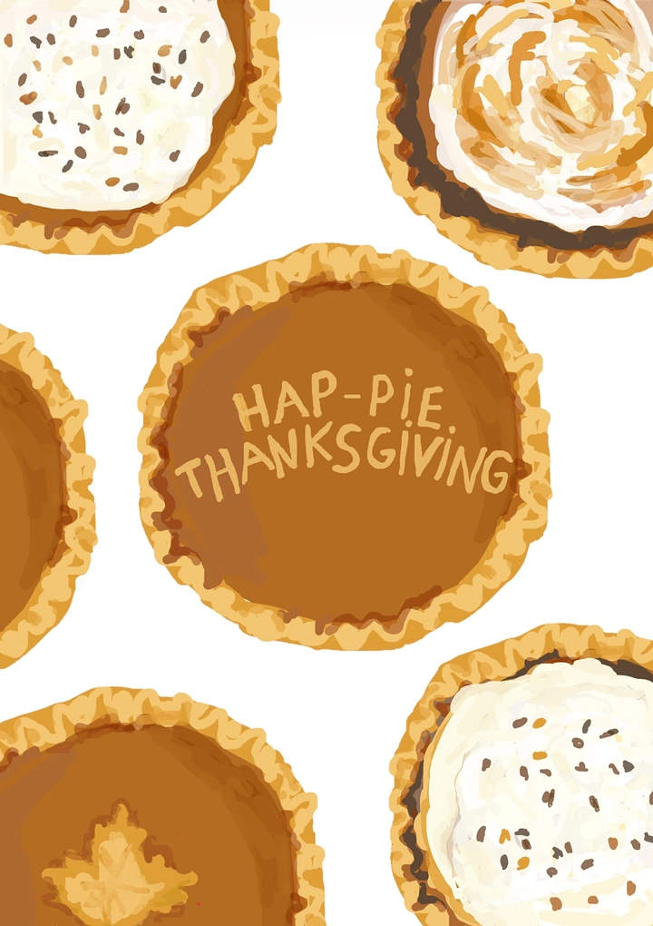 Thanksgiving creative ad: Overhead painted pumpkin pie with lettering on its filling
