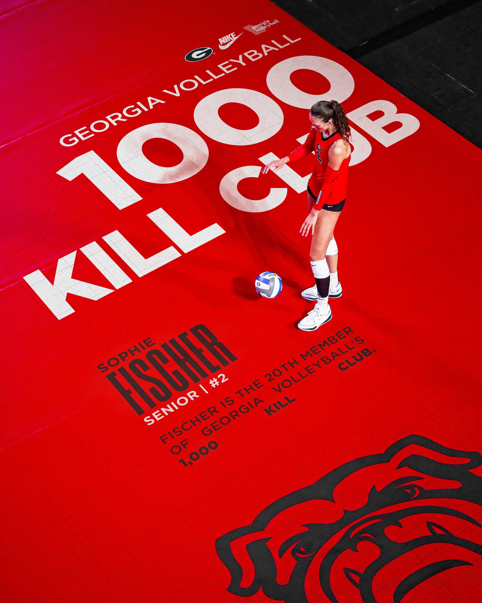 Instagram post: Overhead shot of volleyball player standing on red court painted with giant milestone text