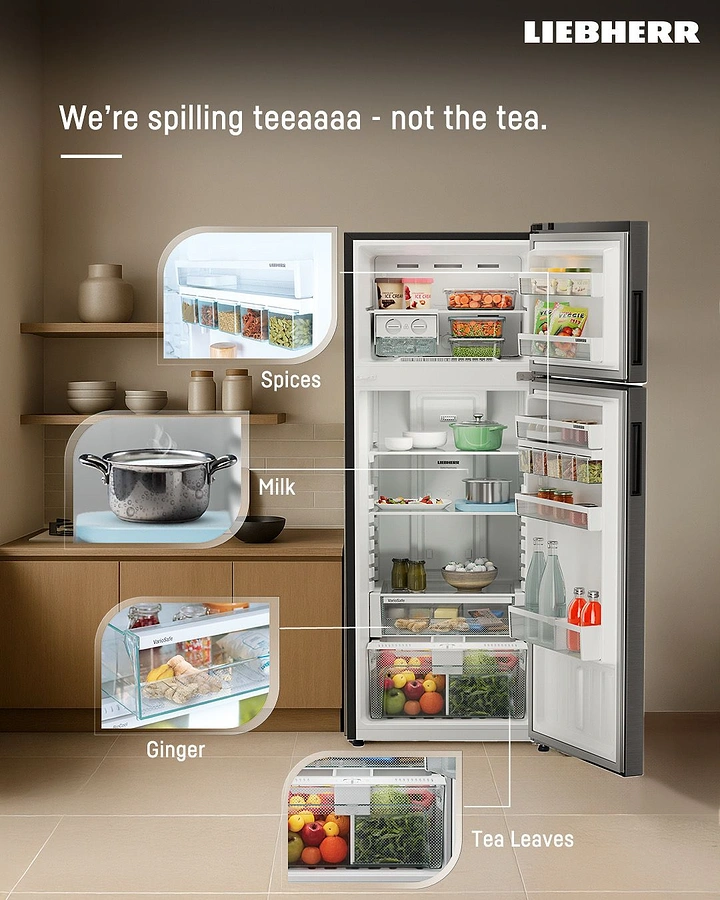 Home Appliances creative ad: 'Spilling tea' pun, fridge zone callouts