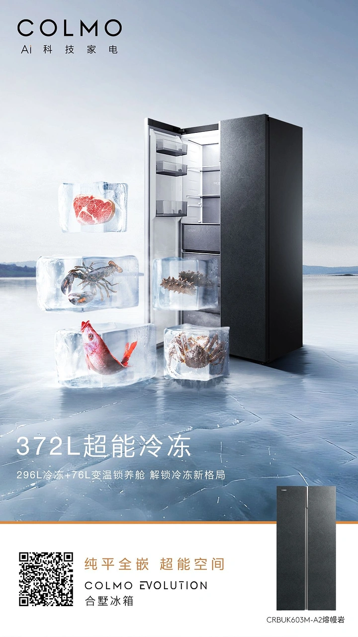 Home Appliances creative ad: Food frozen in ice blocks, freshness