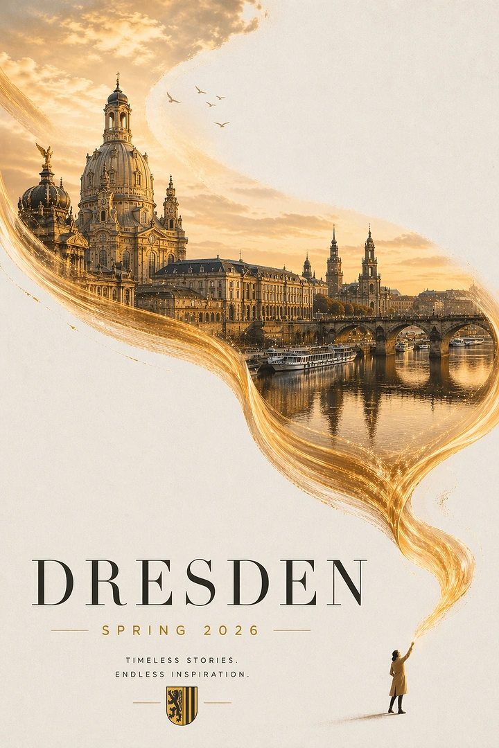 Hotel & Hospitality creative ad: Golden-hour baroque city skyline in a flowing gold paint swirl