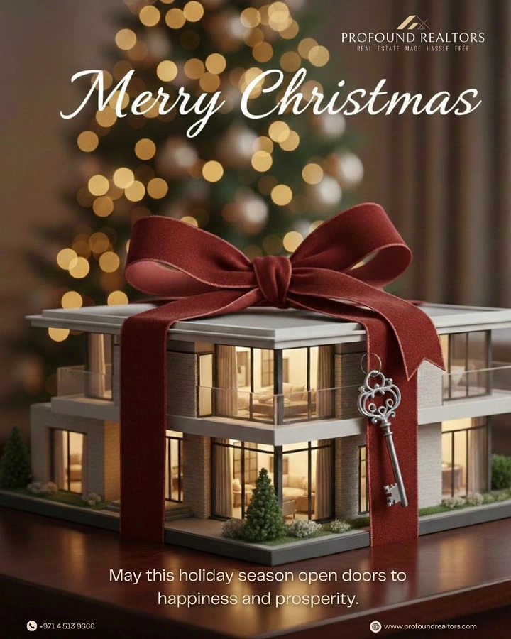 Christmas creative ad: Miniature modern villa wrapped in red velvet ribbon with a silver key