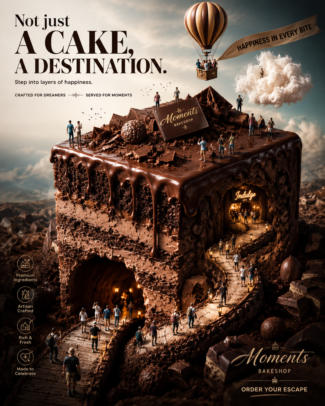 Instagram post: Giant chocolate layer cake as a miniature-world destination with tiny travelers