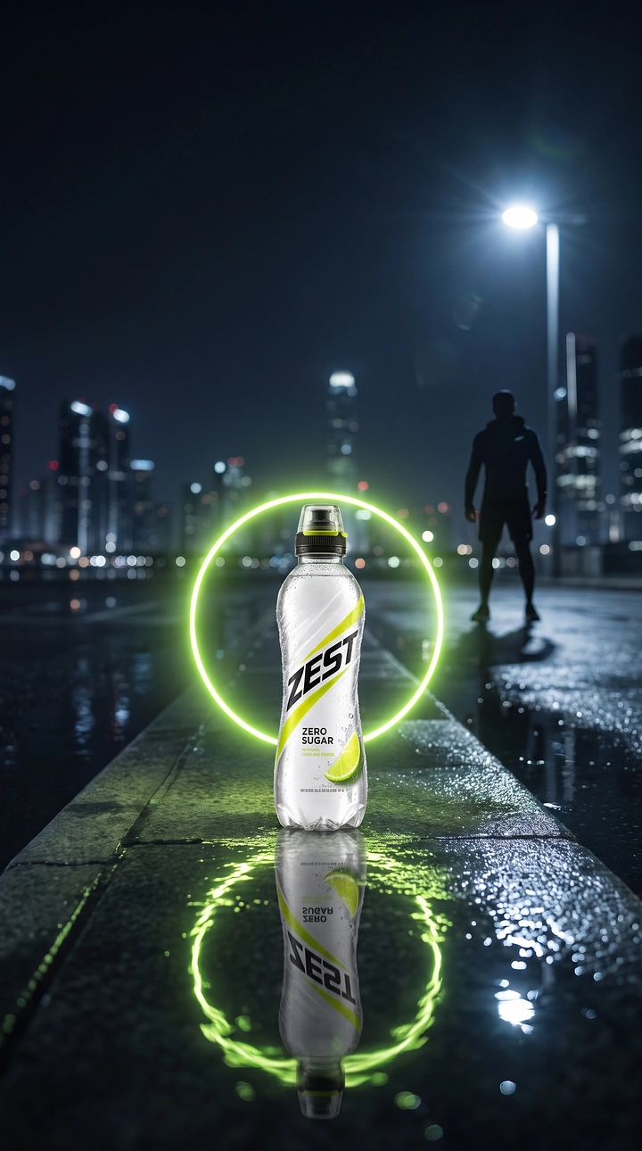 Energy & Sports Drinks creative ad: Neon energy halo elevates urban product shot