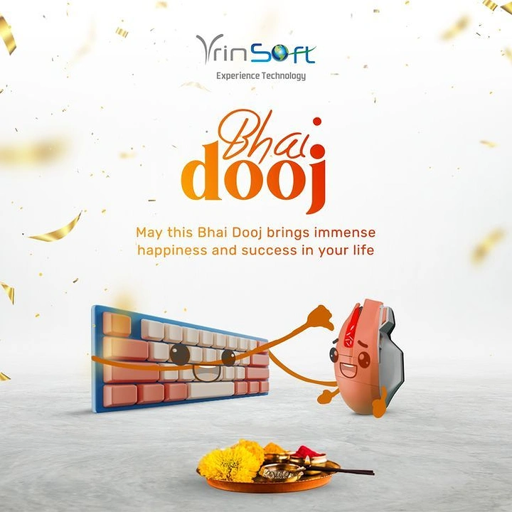 Bhai Dooj creative ad: Cartoon keyboard applying tilak to a cartoon mouse, with a puja thali in the foreground