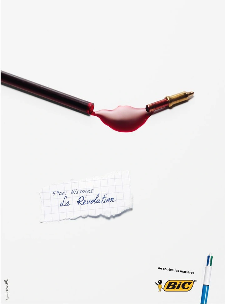 Stationery Shops creative ad: Snapped pen refill leaking red ink like a shot bullet