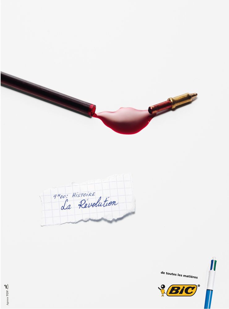 Poster: Snapped pen refill leaking red ink like a shot bullet