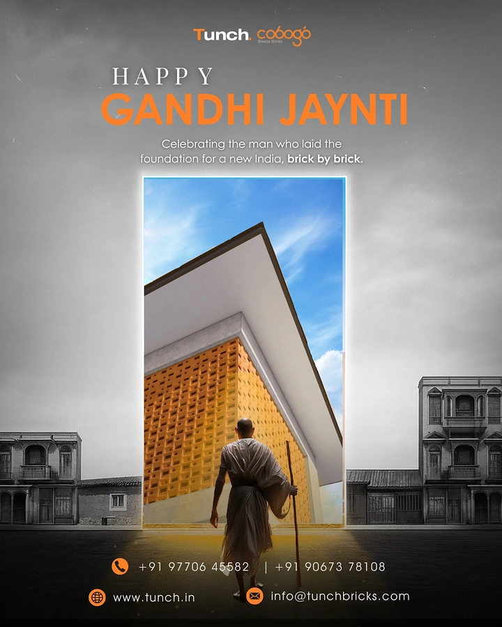 Gandhi Jayanti creative ad: Gandhi-like figure approaching a modern brick architectural facade