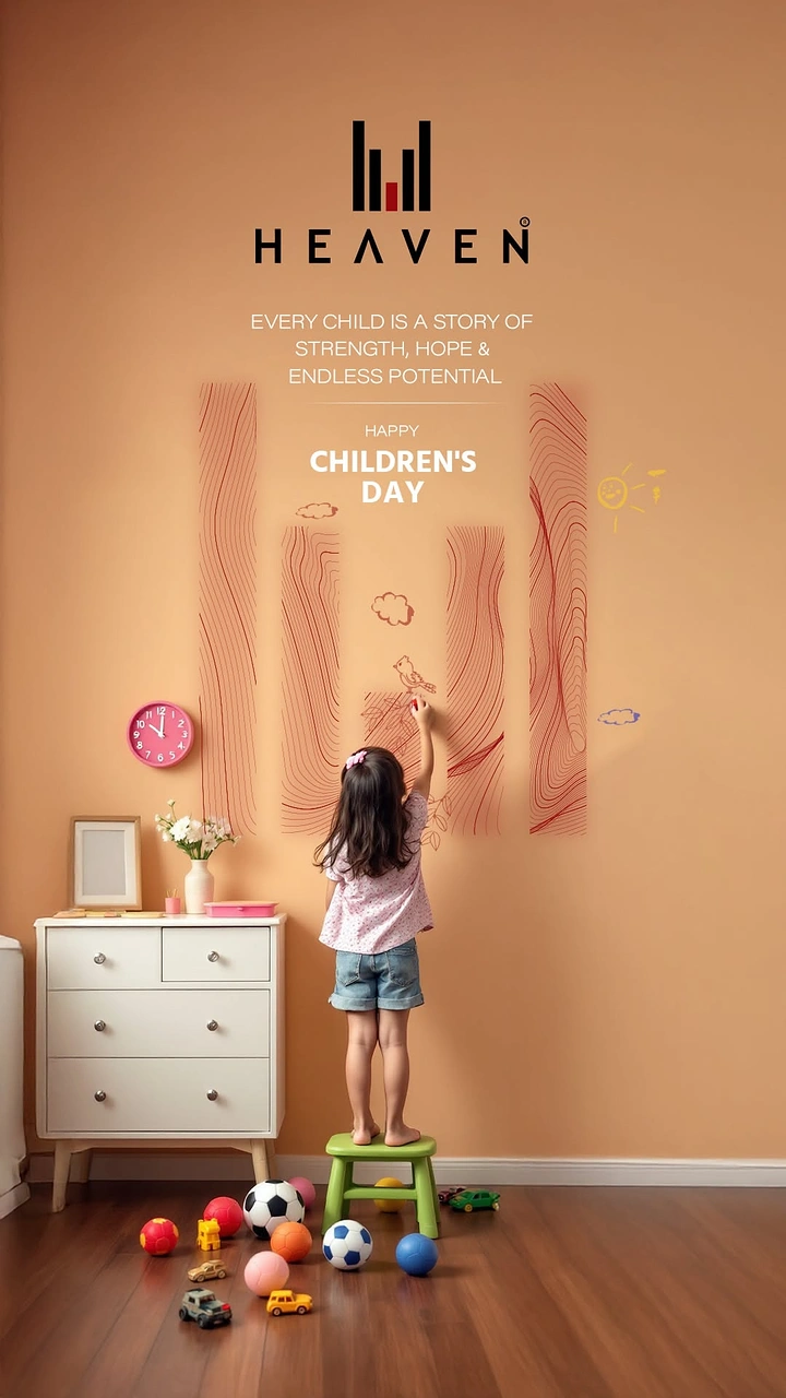 Children's Day creative ad: Little girl on a stool drawing on a wall of logo-shaped bars