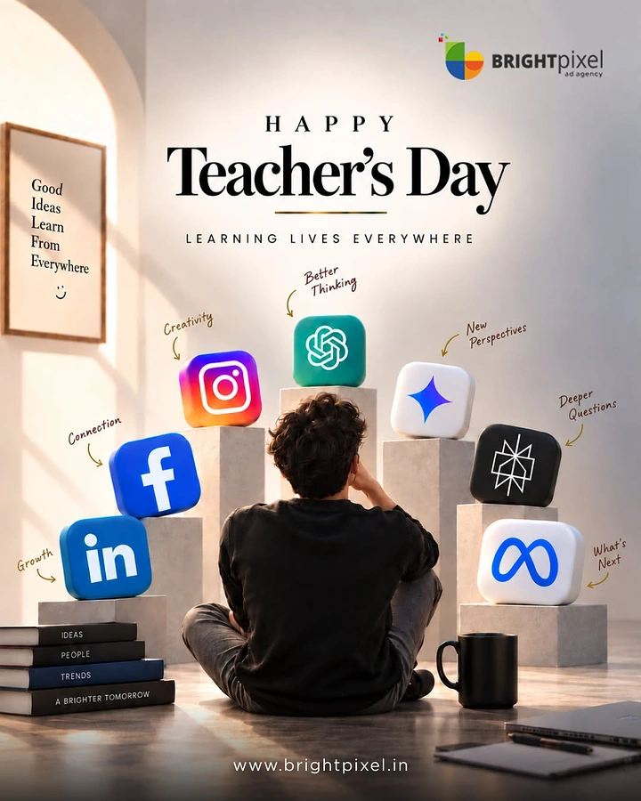 Teachers Day creative ad: Student seen from behind, facing social and AI app icons on stepped plinths
