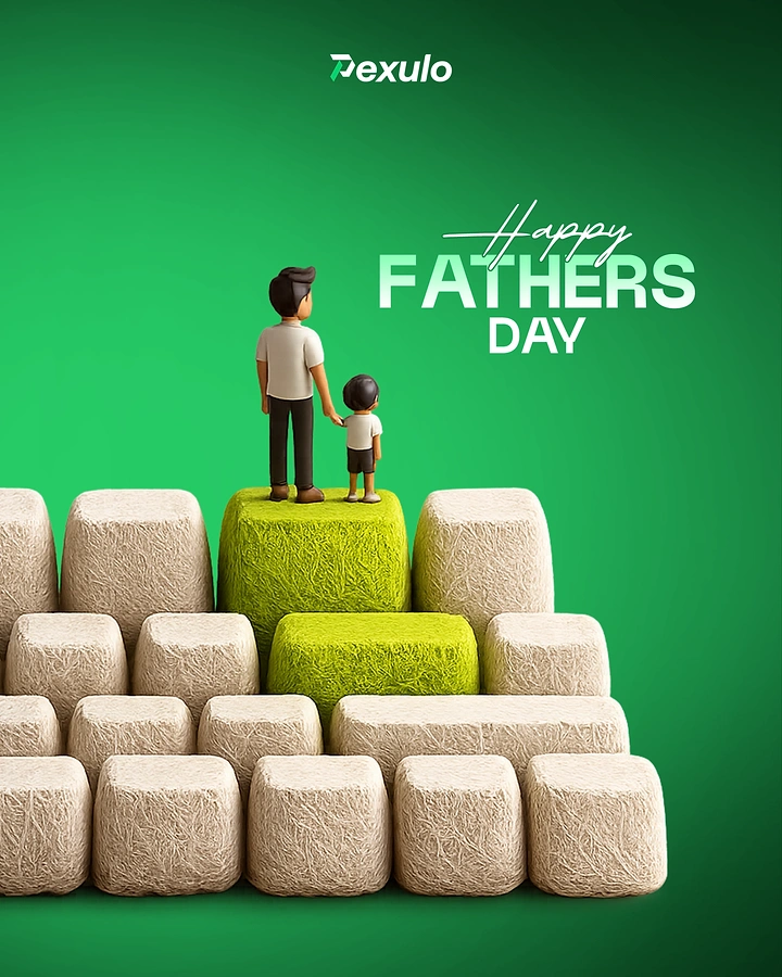 Father's Day creative ad: Clay father and son figurines standing on a green block atop stacked textured cubes