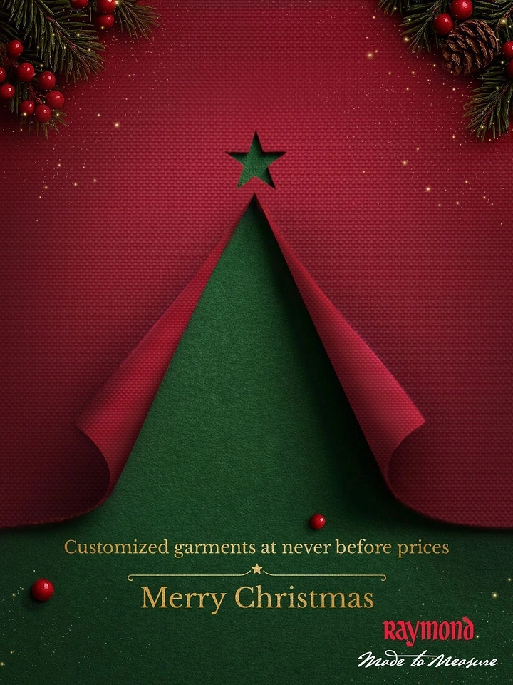 Christmas creative ad: Red textured fabric peeled back to reveal a green felt Christmas tree shape