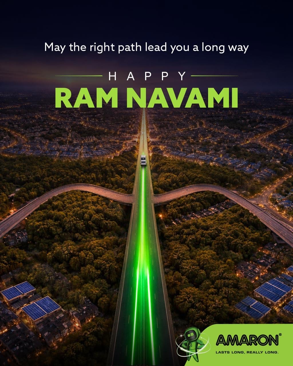 Aerial night highway where a curved flyover and a straight road form a bow and arrow