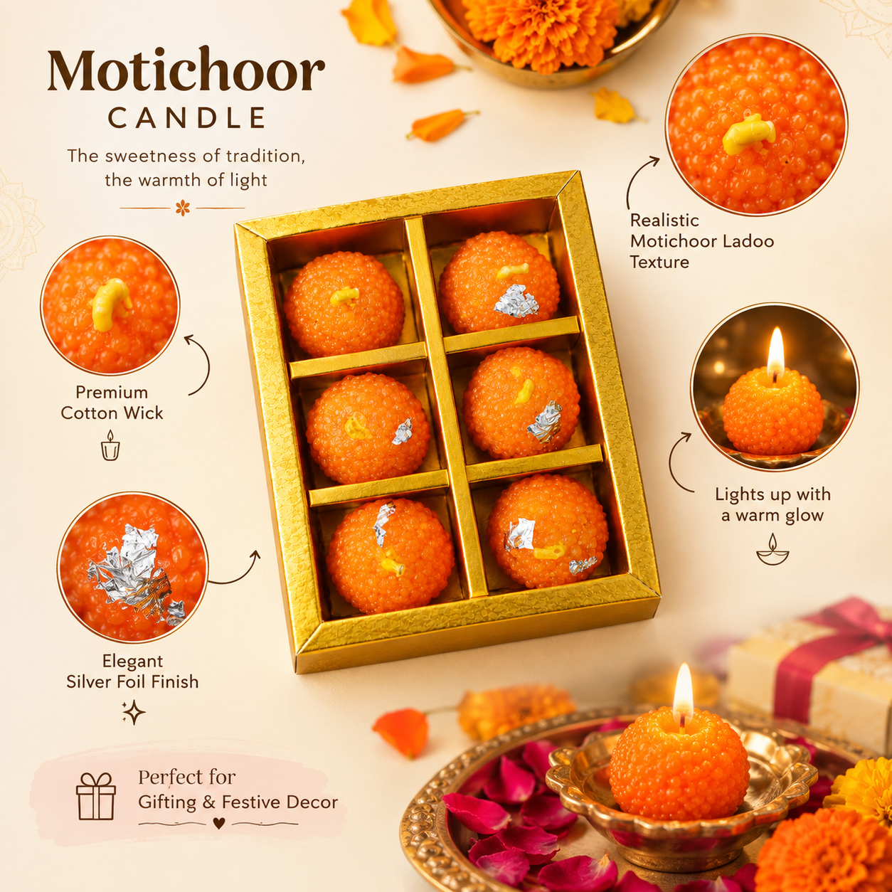 Diwali Poster: Luxury product presentation of motichoor ladoo candles in a gold gift box