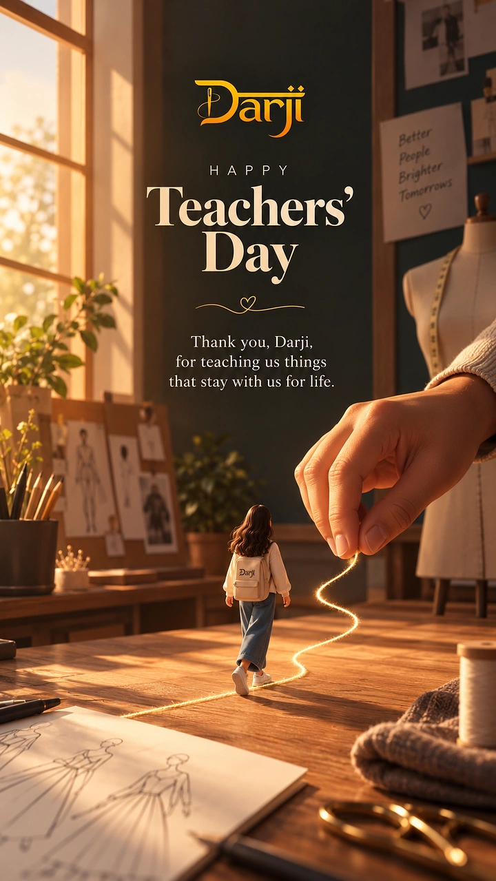 Teachers Day creative ad: A hand guides a glowing thread path for a miniature student in a tailoring studio