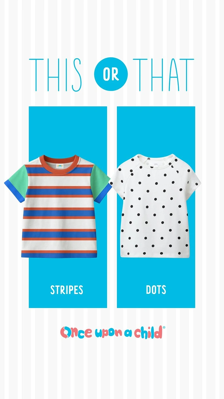 Kids Clothing creative ad: This or That stripes vs dots poll