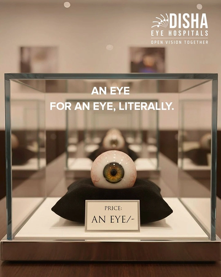 Opticians & Eye Care creative ad: A human eyeball on a velvet cushion inside a museum glass case