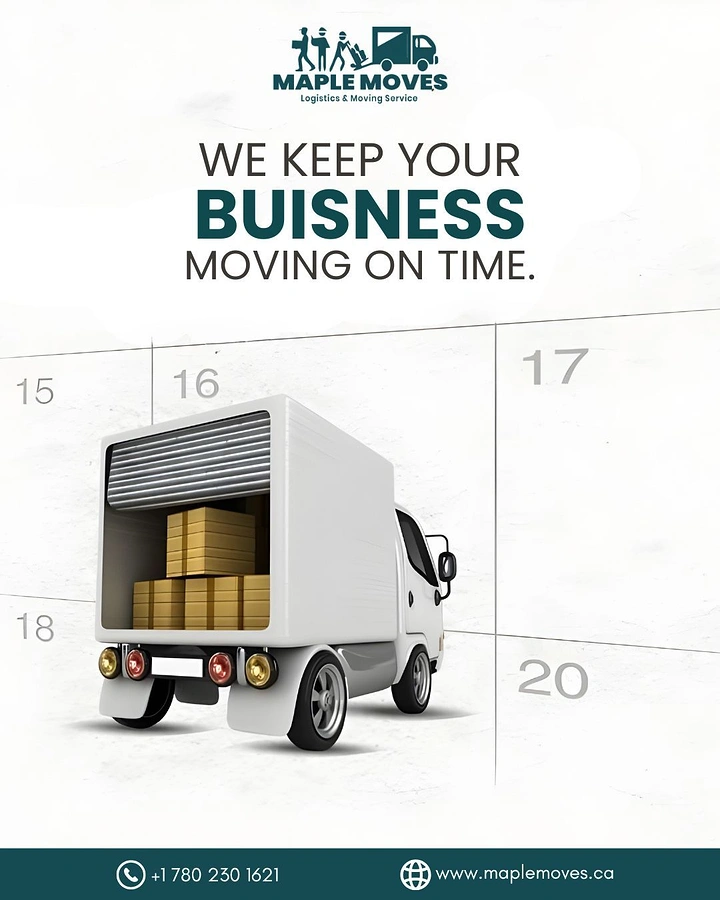 Movers & Packers creative ad: Truck driving through calendar dates, on-time