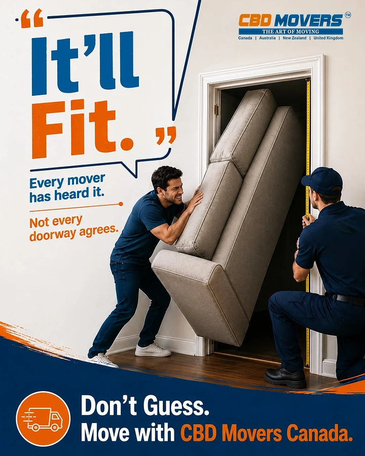 Movers & Packers creative ad: Witty 'It'll Fit' sofa-in-doorway copy