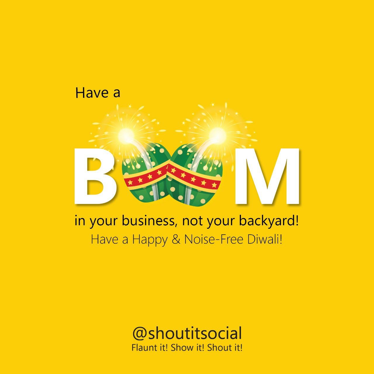 Word BOOM with its two O's replaced by lit anar flowerpot crackers