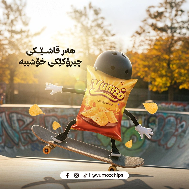 Snacks & Namkeen Brands creative ad: Chip pack mascot skateboarding in skatepark