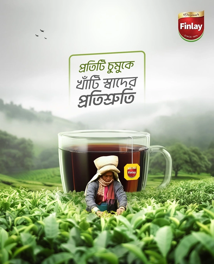 Tea & Chai Brands creative ad: Tea picker inside giant cup in estate
