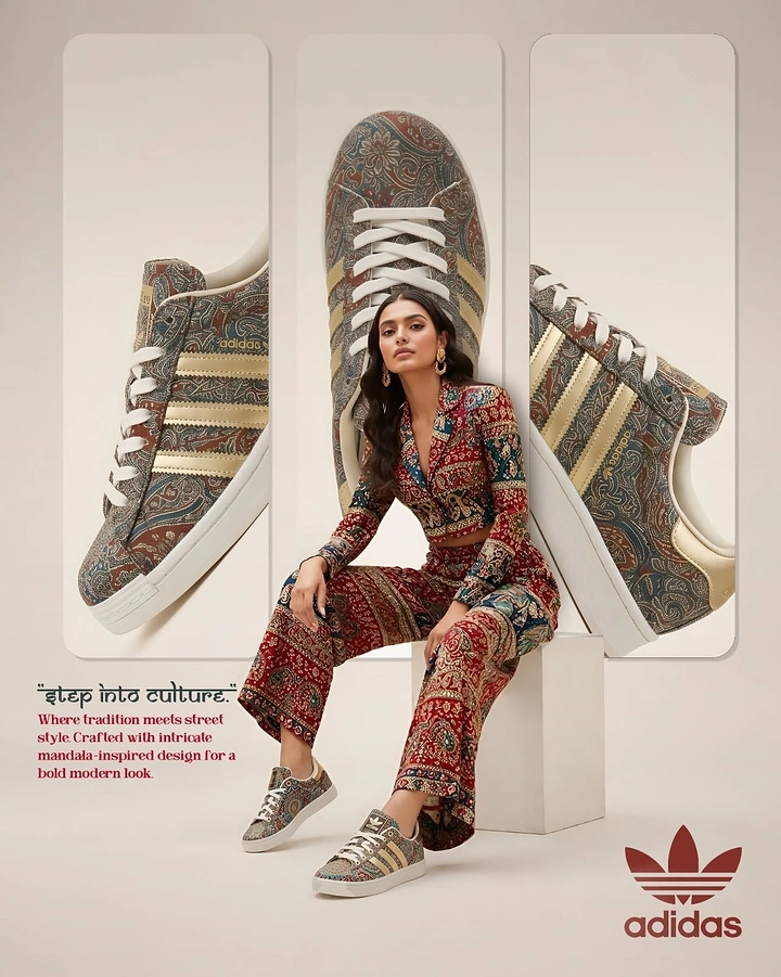 Creative ad: Model in paisley co-ord seated before three giant sneaker panels