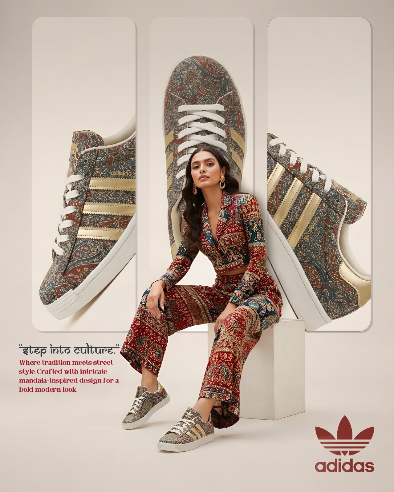 Instagram post: Model in paisley co-ord seated before three giant sneaker panels
