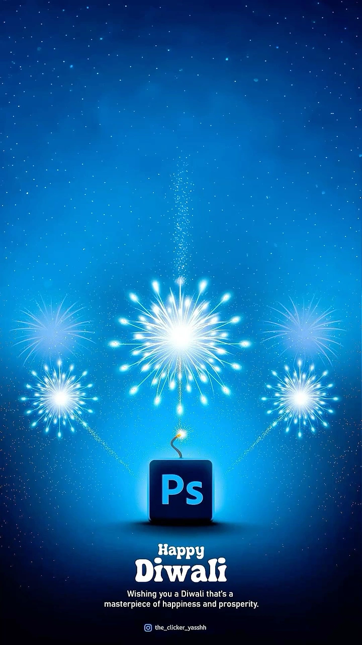 Diwali creative ad: Photoshop app-icon cube styled as a firecracker, with glowing firework bursts above it