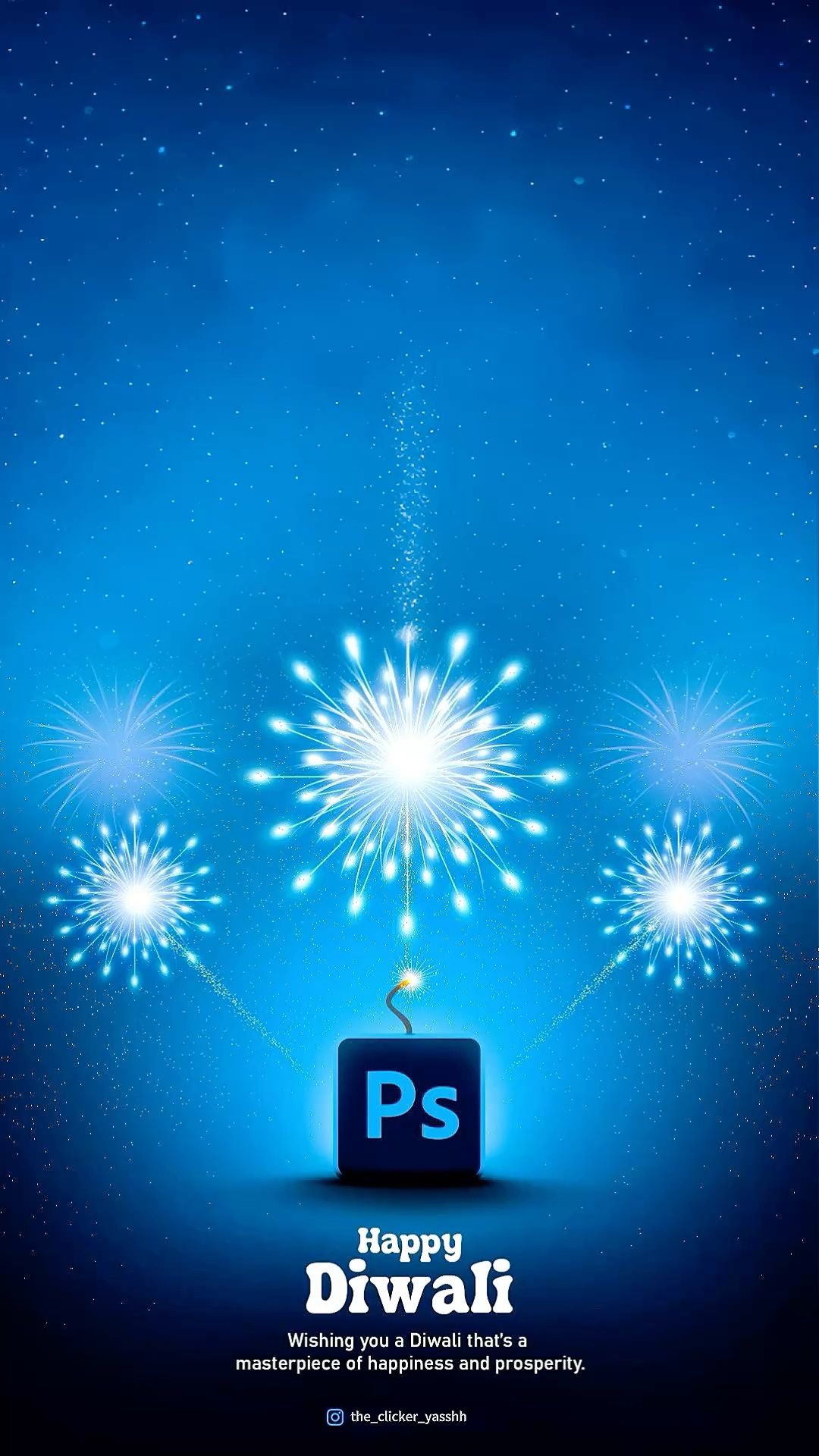 Diwali Story: Photoshop app-icon cube styled as a firecracker, with glowing firework bursts above it