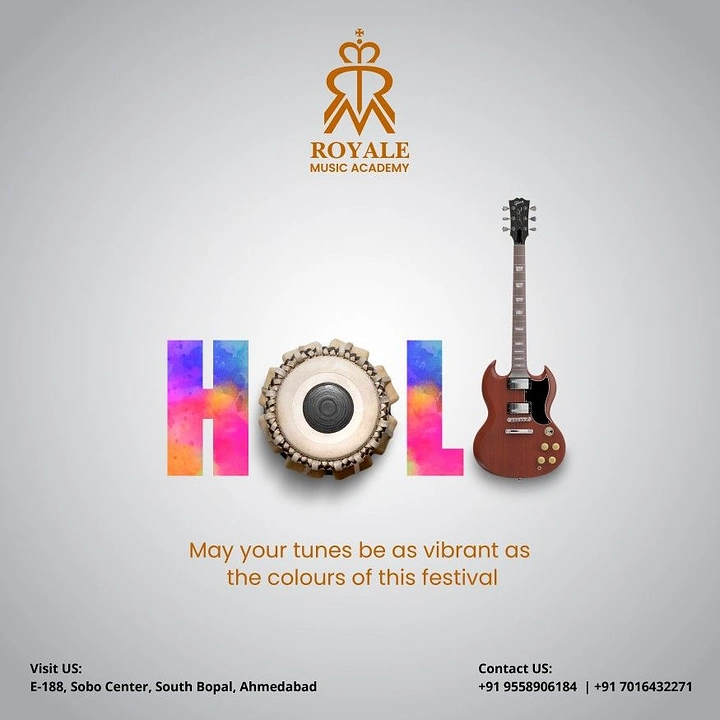Holi creative ad: Word HOLI with a tabla as the O and an electric guitar as the I