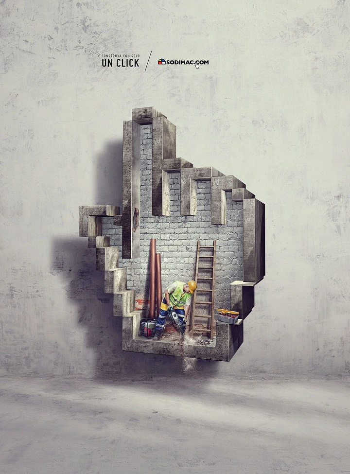Creative ad: Pixelated hand cursor carved into a concrete wall with a worker inside