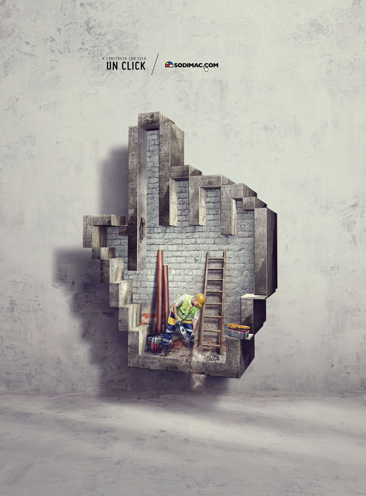 Poster: Pixelated hand cursor carved into a concrete wall with a worker inside