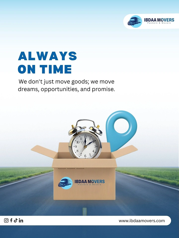 Movers & Packers creative ad: Alarm clock in box, on-time metaphor